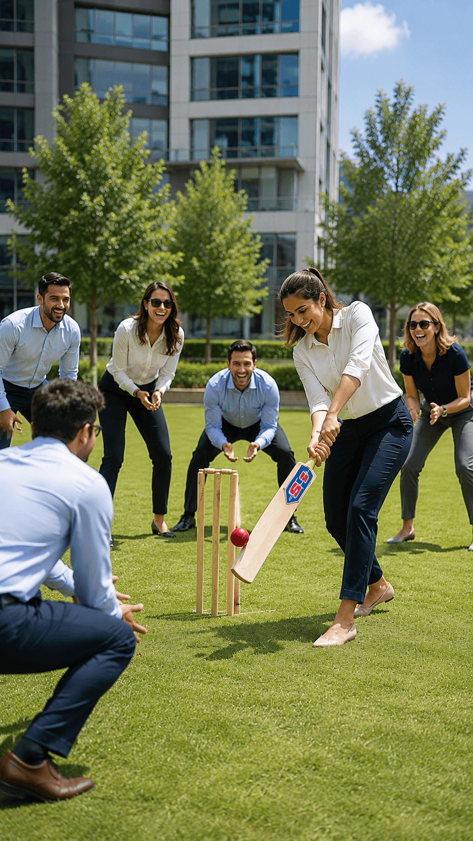 Corporate professionals connecting through a premium cricket experience